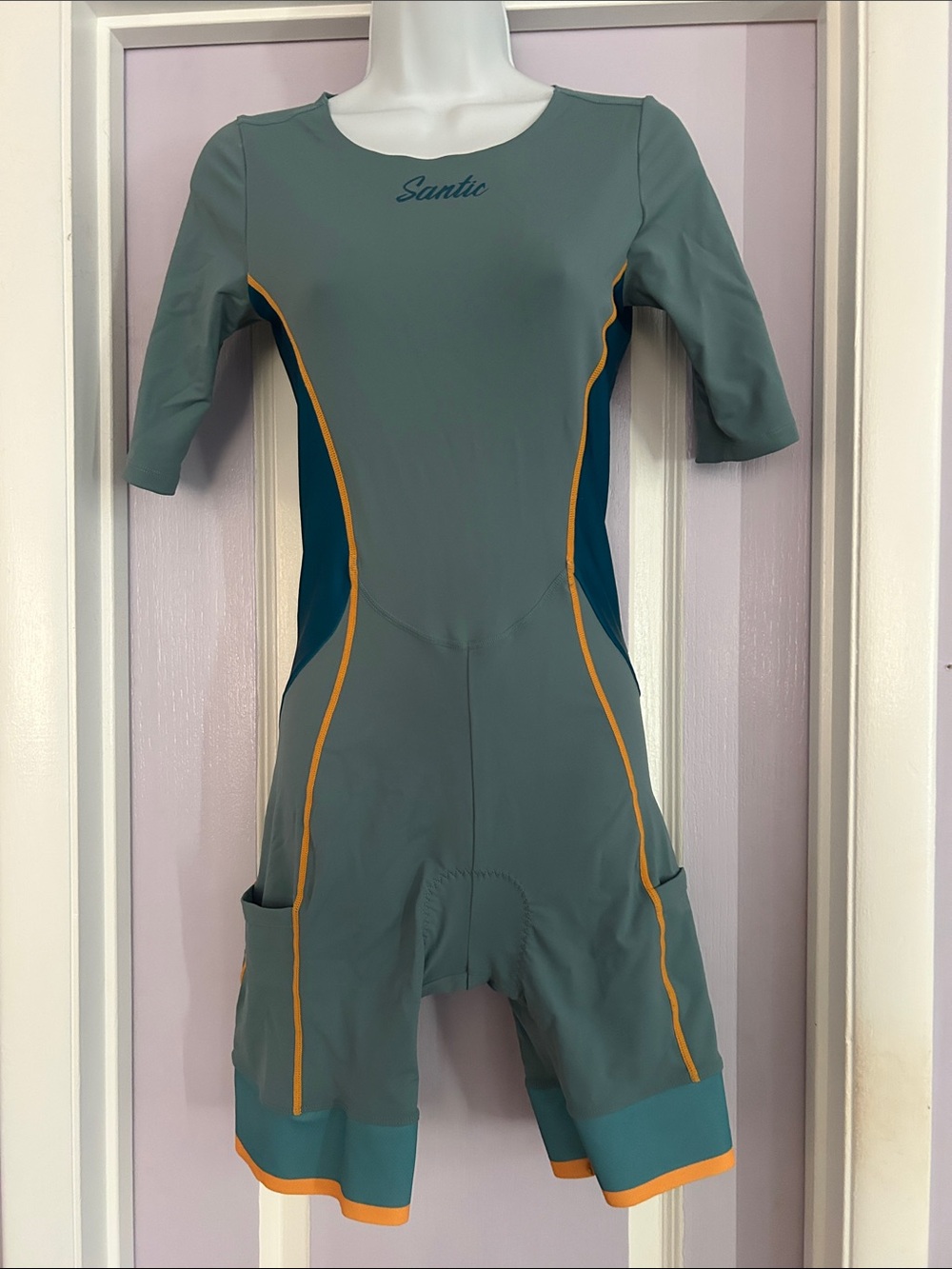 Women's Santic Back Zip Triathlon Suit - Slate Green with Teal & Orange USA Med